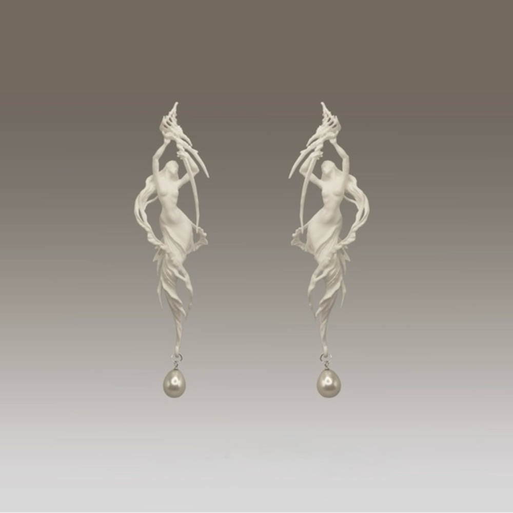 Goddess‎ Siren Statement Earrings with Baroque Pearl Drop – 3.2” Art Nouveau
